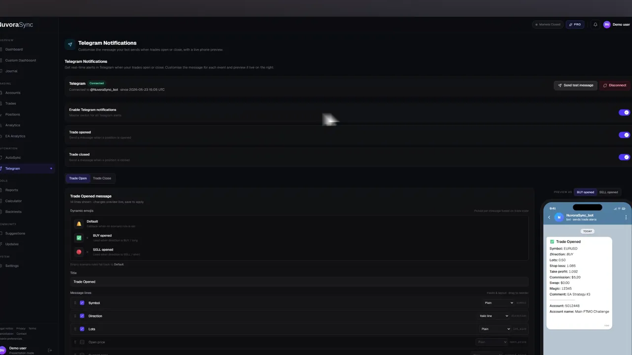 Customising Telegram account-activity notifications in NuvoraSync with a live message preview.